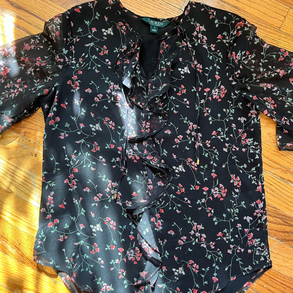 Lauren By Ralph Lauren Sheer Black Floral Blouse